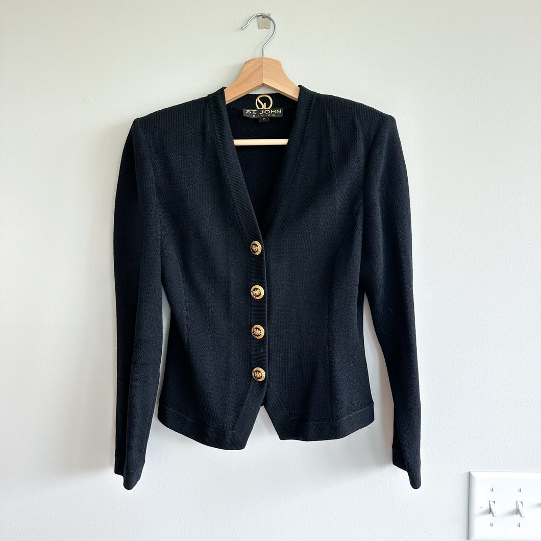 Vintage ST. JOHN Basics Knit Gold Button Front Shoulder Pad Blazer Black S