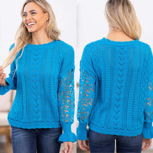Load image into Gallery viewer, Filly Flair Lace Bell Sleeve Crew Neck Pullover Sweater Blue S
