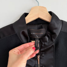 Load image into Gallery viewer, BCBGMaxazria Satin Detail Zip Up Ruffle Hem Peplum Military Jacket Black M
