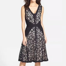Load image into Gallery viewer, Tadashi Shoji Stretch Lace Jersey Fit &amp; Flare V-Neck Dress Nude Black 8
