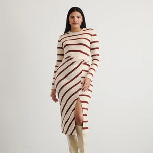 Tanya Taylor Cody Striped Twist Front Midi Bodycon Dress Cream Brown L