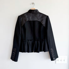Load image into Gallery viewer, BCBGMaxazria Satin Detail Zip Up Ruffle Hem Peplum Military Jacket Black M
