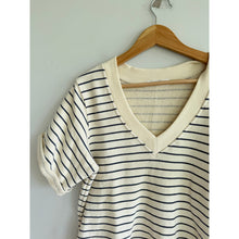 Load image into Gallery viewer, Perfectwhitetee French Terry Striped V-Neck Short Sleeve T-Shirt Cream Blue M
