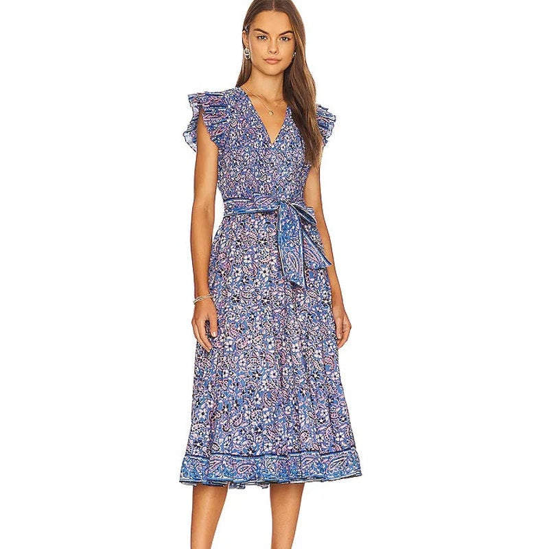 Cleobella Autumn Paisley Print Flutter Sleeve Smocked Midi Dress Blue L
