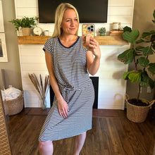 Load image into Gallery viewer, Velvet by Graham &amp; Spencer Linen Blend Striped Twist Front Dress Navy White
