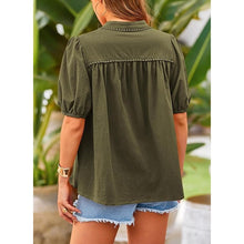 Load image into Gallery viewer, Prettygarden Button Front Puff Sleeve Cotton Casual Blouse Green S
