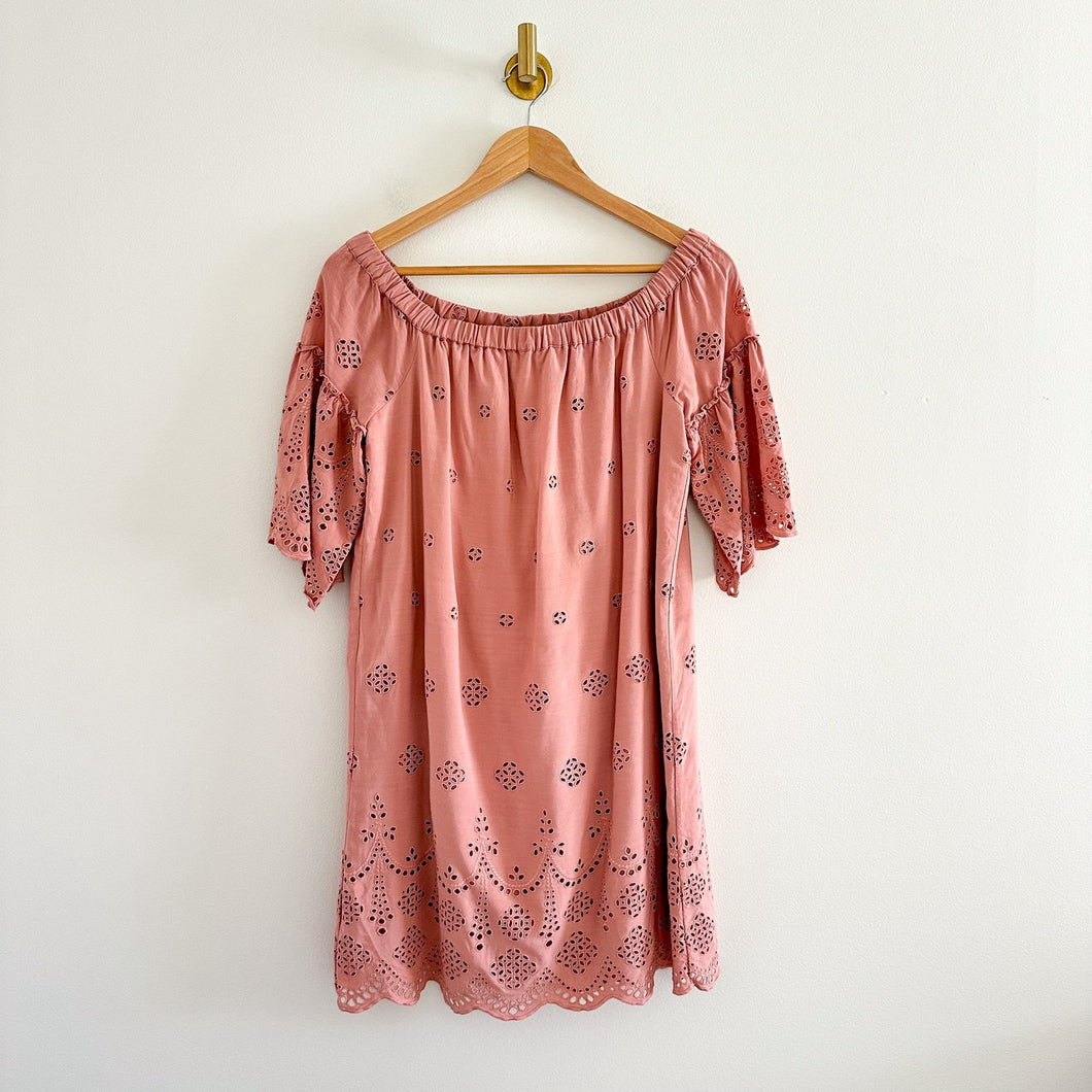 Madewell Eyelet Off The Shoulder Scalloped Hem Dress Pink 2