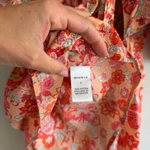 Load image into Gallery viewer, THML Floral Print Tie Open Back Puff Sleeve Peplum Blouse Orange Pink L
