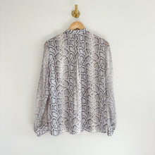 Load image into Gallery viewer, Elie Tahari Silk Terri Snake Print Pleated Button Up Shirt Gray M
