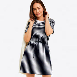 Draper James Tie Waist T-Shirt Dress in Nautical Stripe Navy White S