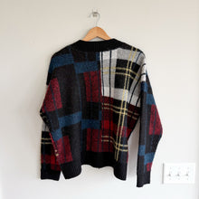 Load image into Gallery viewer, RD Style Plaid Pattern Crew Neck Knit Button Front Cardigan Black Blue M

