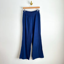 Load image into Gallery viewer, Bobi Beach Coast High Rise Pull On Smocked Waist Cotton Wide Leg Pants Blue L
