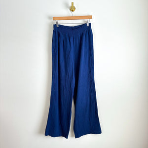 Bobi Beach Coast High Rise Pull On Smocked Waist Cotton Wide Leg Pants Blue L