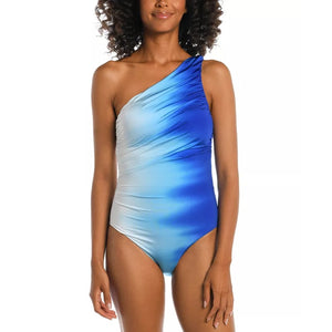 La Blanca Ocean Oasis Shirred One-Shoulder One Piece Swimsuit Blue White 12 NWT