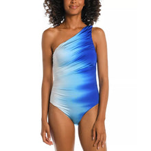 Load image into Gallery viewer, La Blanca Ocean Oasis Shirred One-Shoulder One Piece Swimsuit Blue White 12 NWT
