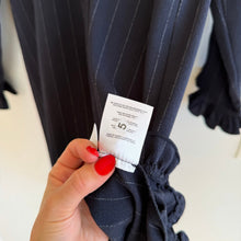 Load image into Gallery viewer, GANNI Clark Bateau Neckline Striped Ruffle Trim Long Sleeve Dress Navy White 42
