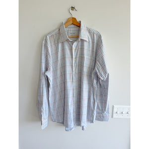 Peter Millar Plaid Pattern Long Sleeve Button Up Shirt White Blue XL