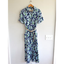 Load image into Gallery viewer, Zara Floral Pattern Button Front Pockets Belted Maxi Shirt Dress Blue XS
