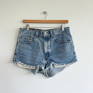 Levi's 505 Cotton Denim Mid Rise Raw Hem Cut-Off Shorts Blue 32