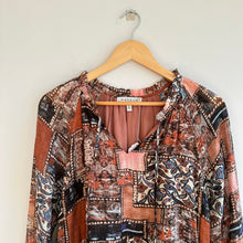 Load image into Gallery viewer, Hayden Paisley Patch Print Ruffle Neck Chiffon Tiered Mini Dress Brown S
