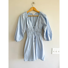 Load image into Gallery viewer, Wayf Leighton Poplin 3/4 Sleeve V-Neck Mini Dress Blue XS
