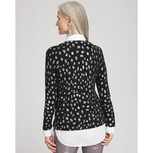 Load image into Gallery viewer, Chico&#39;s Foil Spotted Built-In Shirt Knit Pullover Collared Sweater Black L NWT
