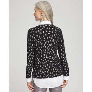 Chico's Foil Spotted Built-In Shirt Knit Pullover Collared Sweater Black L NWT