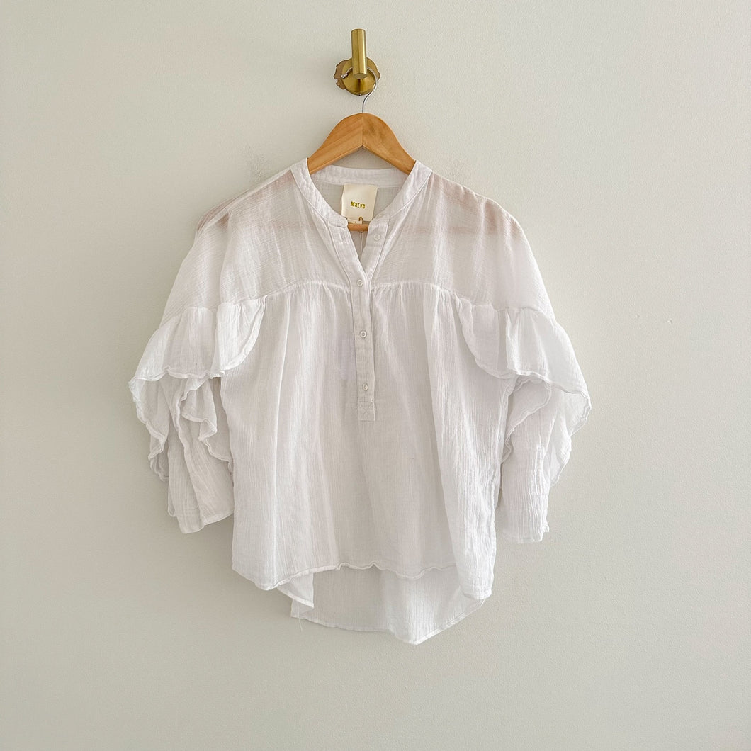 Anthropologie Maeve Ruffled Henley Neck 3/4 Sleeve Blouse White XS