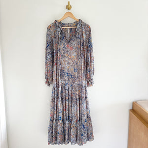Free People Feeling Groovy Tiered Bell Sleeve Floral Casual Maxi Dress Blue S