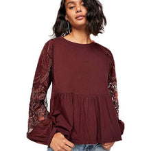 Load image into Gallery viewer, Free People Penny Embroidered Sheer Sleeve Peplum Blouse Purple Red M
