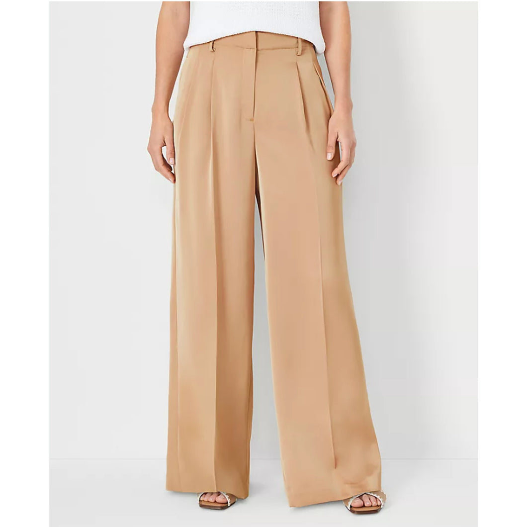 Ann Taylor The Pleated Wide Leg Pant in Satin Beige