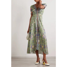 Load image into Gallery viewer, Saloni Lea Silk Floral Print Jacquard V-Neck Puff Sleeve Midi Dress Green 10
