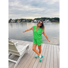 Load image into Gallery viewer, Cable-Knit Embossed Cap Sleeve Top Drawcord Shorts Lounge Set Green L
