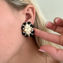 Load image into Gallery viewer, Vintage Faux Pearl Cluster Black Beaded Rhinestone Clip-On Earrings
