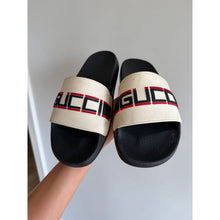 Load image into Gallery viewer, Gucci Stripe Designer Slip On Rubber Slide Sandals + Dustbags Ecru 6.5
