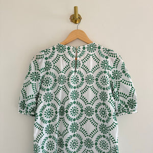 Ann Taylor Eyelet Crew Neck Puff Sleeve Casual Shift Dress Green/White XS