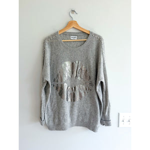 Lauren Moshi Cashmere Lip Graphic Knit Pullover Sweater Gray Silver XL