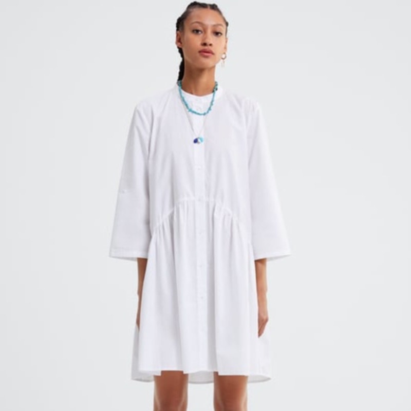 NWT Zara Half Sleeve Henley Neck Lightweight Mini Shirt Dress White L