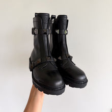 Load image into Gallery viewer, Valentino Garavani Rockstud Buckle Leather Slip-On Zipper Combat Boots Black NEW
