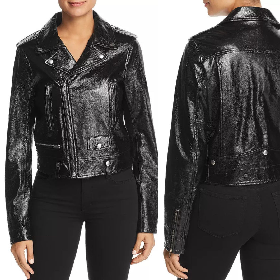Elie Tahari Jacalyn Patent Leather Moto Jacket Black L