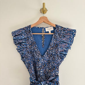 Cleobella Autumn Paisley Print Flutter Sleeve Smocked Midi Dress Blue L