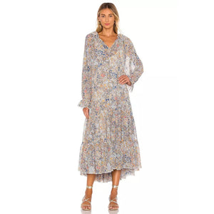 Free People Feeling Groovy Tiered Bell Sleeve Floral Casual Maxi Dress Blue S