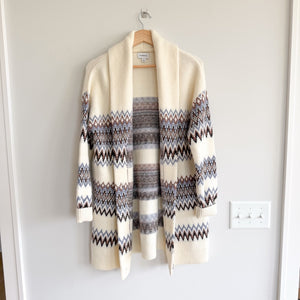 Evereve Fair Isle  Knit Open-Front Mid-Length Cardigan Cream Blue S