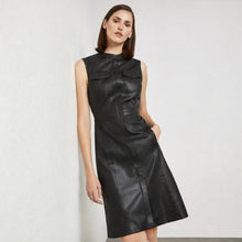 Load image into Gallery viewer, BCBGMaxAzria Faux Leather A-Line Sleeveless Shirt Dress Black L
