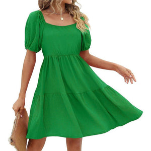 Tiered Short Sleeve Square Neck Casual Mini Dress Green M