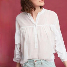 Load image into Gallery viewer, Anthropologie Maeve Ruffled Henley Neck 3/4 Sleeve Blouse White XS
