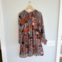 Load image into Gallery viewer, Hayden Paisley Patch Print Ruffle Neck Chiffon Tiered Mini Dress Brown S
