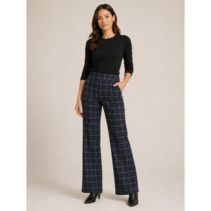 Etcetera Windowpane Plaid Pull On High Rise Bootcut Pants Blue Black 2