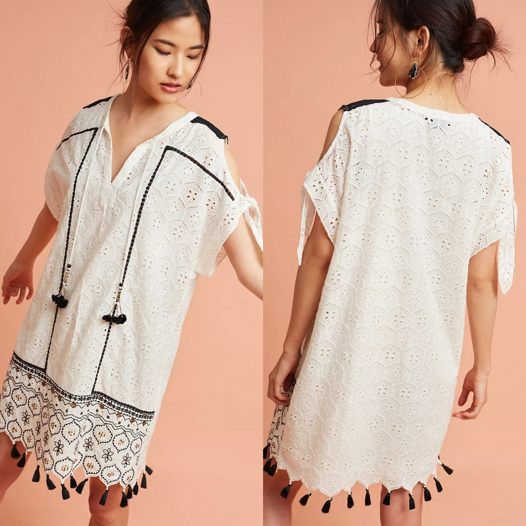 Anthropologie Hemant & Nandita Aditya Embroidered Eyelet Tassel Casual Mini Dress White M