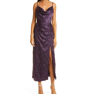 Milly Lilliana Silk Blend Jacquard Sleeveless Ruched Slit Midi Dress Purple 8